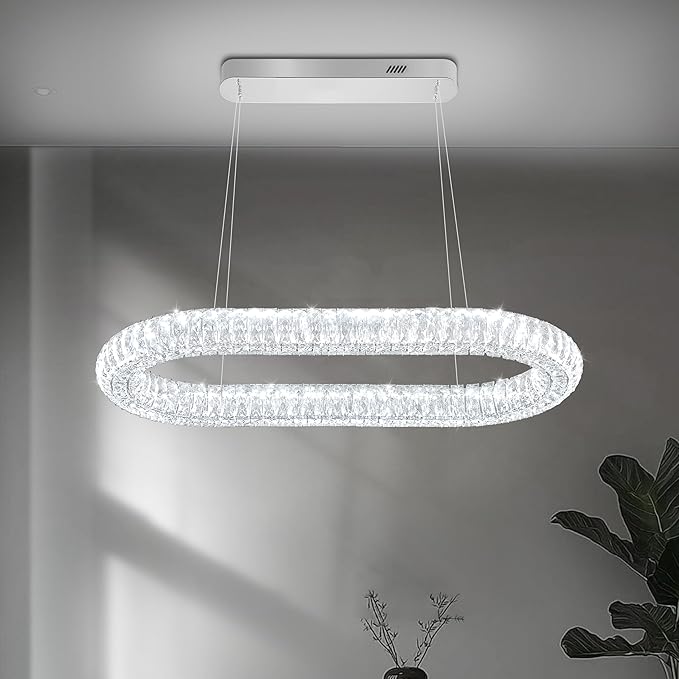 Oval Crystal Chandelier, 31.5'' Chrome Crystal Ring Pendant Light for Kitchen Island Modern Linear Oval Chandeliers for Dining Room Dimmable 3000K-6000K