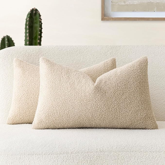 Foindtower Pack of 2, Curly Faux Fur Decorative Throw Pillow Covers Soft Plush Cushion Case with Zipper Cozy Boho Lumbar Pillowcase for Home Living Room Couch Bedroom Sofa 12 x 20 Inch, Light Beige