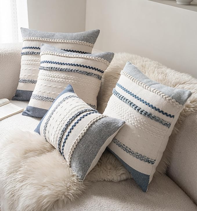 Boho Lumbar Pillow Covers 14x36 Inch Long, Navy Blue Textured Decorative Couch Pillow Cases for Farmhouse Home Decor, Accent Cushion Cover for Sofa, Bed, Living Room, Bedroom, Pack of 1