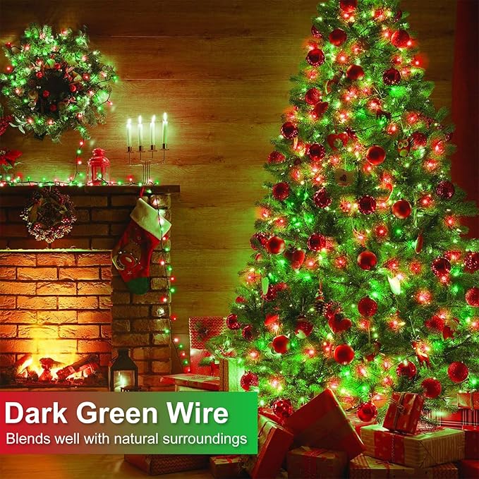 100FT 300 LED Christmas Lights Outdoor, Plug in Christmas Tree Lights with 8 Modes Waterproof, Green Wire String Twinkle Lights for Indoor House Yard Garden Xmas Party Holiday Decorations, Red Green