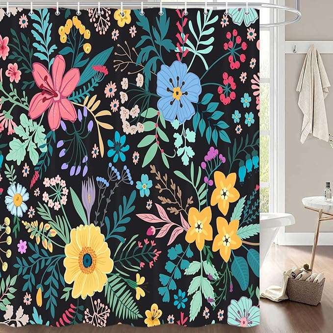 Boho Floral Shower Curtain, Colorful Flower Leaves Design for Bathroom Decor, Modern Rustic Country Wildflower Black Fabric Shower Curtains Set with Hooks, 72x72 Inches