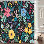 Boho Floral Shower Curtain, Colorful Flower Leaves Design for Bathroom Decor, Modern Rustic Country Wildflower Black Fabric Shower Curtains Set with Hooks, 72x72 Inches