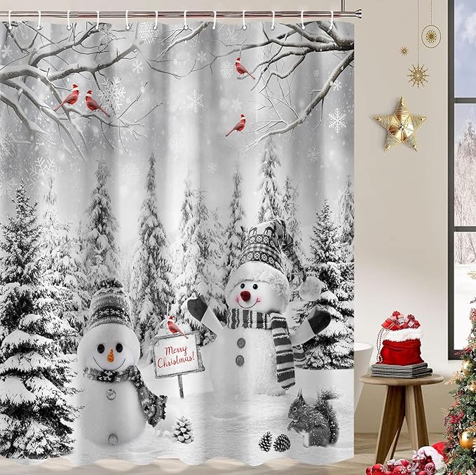 Winter Christmas Snowman Shower Curtain, Grey Winter Forest Cardinal Snowflake Holiday Farmhouse Xmas Shower Curtain Set for Bathroom Accessories Rustic Christmas Decorations with Hooks 72"X72"