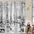 Winter Christmas Snowman Shower Curtain, Grey Winter Forest Cardinal Snowflake Holiday Farmhouse Xmas Shower Curtain Set for Bathroom Accessories Rustic Christmas Decorations with Hooks 72"X72"