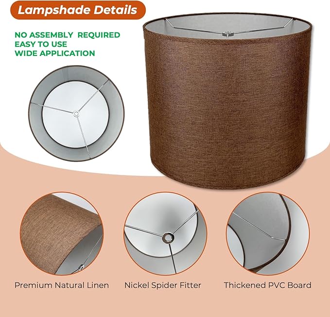 8" Wx 9" H Drum Lampshades, No Assembly Required, Fabric Lampshade for Table Lamp, Bedside Lamp, Floor Lamp, Metal Spider Fitter, Coffee-colored