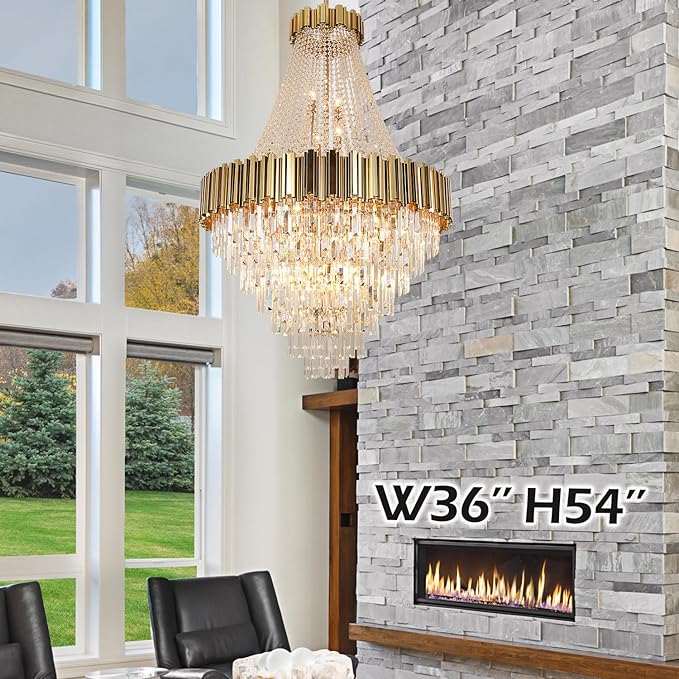 Crystal Chandeliers Modern Chandelier High Ceiling Foyer Entryway 21 Lights Gold Luxury Pendant Hanging Light Fixture for Living Room Entry Way Extra Large Tiered 36'' D x 54'' H
