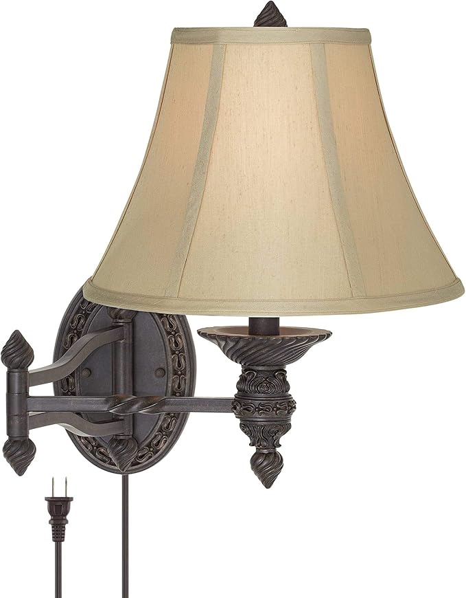 Barnes and Ivy Godia French Country Indoor Swing Arm Wall Lamp Bronze Plug-in Light Fixture Dimmable Beige Softback Bell Shade for Bedroom Bedside House Reading Living Room Home Hallway Dining