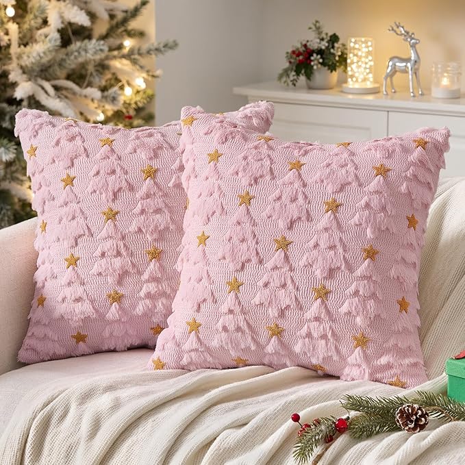 MIULEE Christmas Pillow Covers 18x18 Inch Set of 2, Pink Christmas Tree Plush Faux Fur Pillowcases Soft Decorative Throw Pillow Cases for Couch Sofa Living Room Winter Xmas Holiday Home Decor
