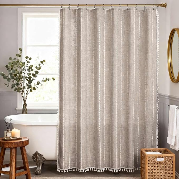 WELTRXE Boho Shower Curtain with Tassel Modern Farmhouse Shower Curtain Set, Rustic Bathroom Decor, Heavy Duty Fabric Water Repellent with Hook, Taupe, 72x72 Inches