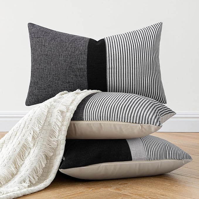 Adabana Stripe Pillow Covers 12x20 Set of 2 Square Patchwork Linen Decorative Lumbar Throw Pillow Covers Modern Farmhouse Decor Pollowcases for Couch Bedroom,White Stripe-1