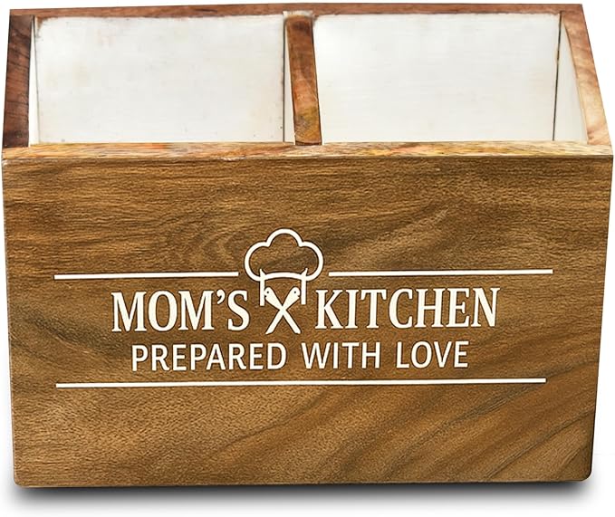 Wooden Utensil Holder For Countertop - Durable Cooking Utensils Holder - large Rustic Countertop Kitchen Décor - Spatula Utensils And Spoons Organizer With Divider