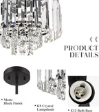 4-Tier Crystal Chandelier, Modern Black Chandelier, 3-Light Pendant Light for Dinning Room Kitchen Island Bedroom Entryway, CC4215-3W-BK