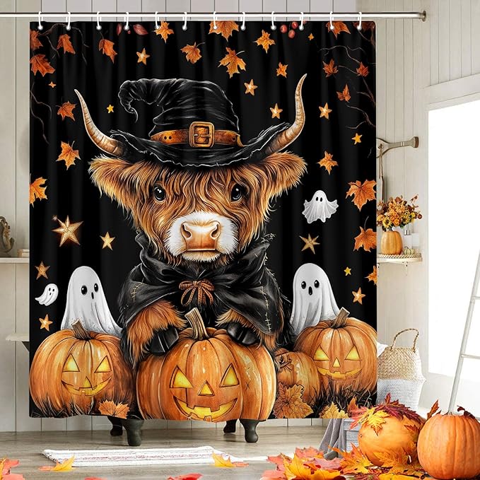 Halloween Cow Shower Curtain, Rustic Fall Pumpkin Spooky Ghost Shower Curtain Set with Hooks, Farmhouse Autum Funny Bull Witch Hat Thanksgiving Harvest Bathroom Curtain, 72X72In Orange Black