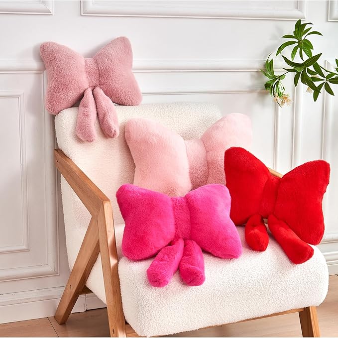 Pink Bow Pillow, Soft Bow Decorative Pillows with Faux Rabbit Fur, Cute 16" Bow Throw Pillows, Aesthetic Home Decor Bow Shaped Plush Pillow for Bedroom Sofa Couch