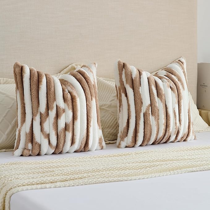 FUTEI Brown Decorative Throw Pillow Covers 22x22 Inch Set of 2, Soft Tie-Dye Faux Rabbit Fur Striped Texture Cushion Case, Modern Home Decor for Couch Bed Living Room
