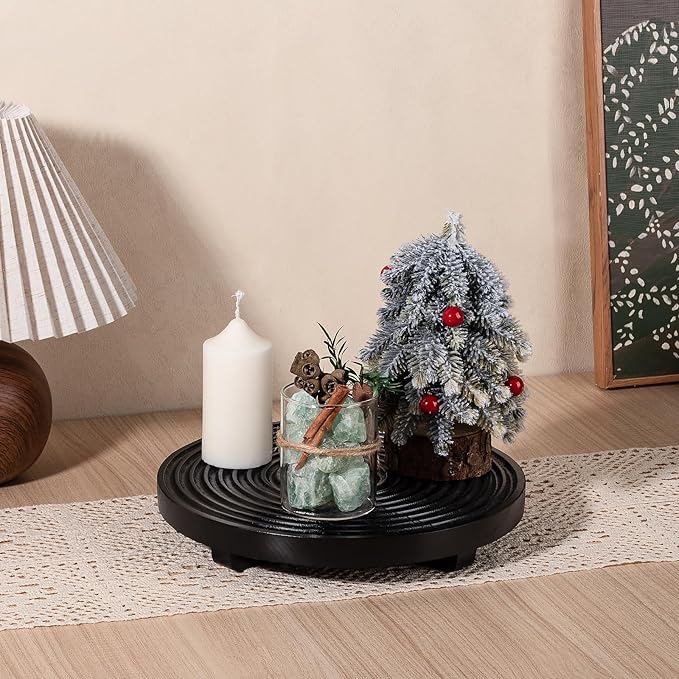 zoocatia Round Decorative Tray Farmhouse Bathroom Decor Wood Riser Kitchen Countertop Organizer for Perfume, Candle, Plant, 10 inch Black