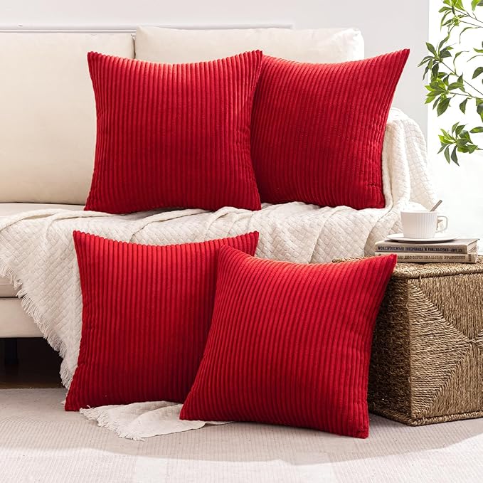 MIULEE Boho Farmhouse Throw Pillow Covers 16x16 Inch Set of 4 Mordern Nordic Cushion Covers Soft Corduroy Home Decor for Couch Bed Sofa Living Room Christmas Red