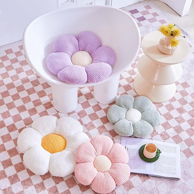 Pink Flower Decorative Throw Pillows, Cute Daisy Shaped Plush Aesthetic Pillow, Soft 19.6" Floor Seat Cushion