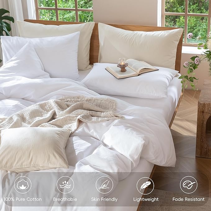 MooMee Bedding Duvet Cover Set 100% Washed Cotton Linen Like Textured Breathable Durable Soft Comfy (Solid Bright White, Oversized Queen 98"x98")