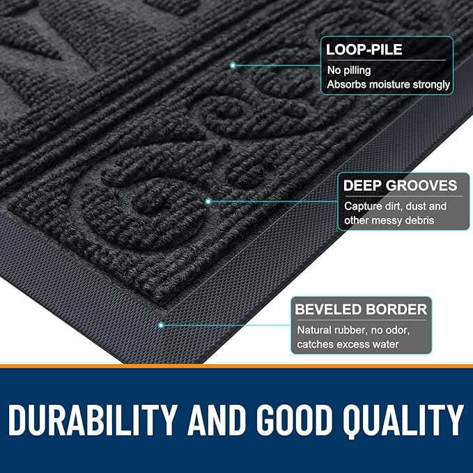 OLANLY Welcome Door Mat Indoor Outdoor Entrance, Heavy Duty Sturdy Front Door Mat, Waterproof All-Weather Doormat, Stain Resistant, Low Profile, Easy Clean Patio Entryway Mat, 47 x 32, Black