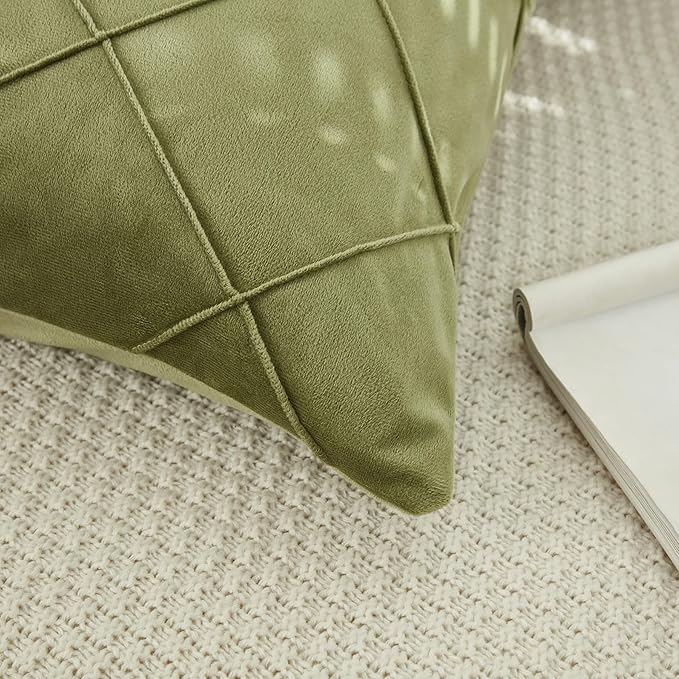 JAUXIO Diamond Pinch Pleated Crystal Velvet Pillowcases 2 Pack Solid Pintuck Throw Cushion Cover for Home Decor Hidden Zipper Closure (Sage, King)