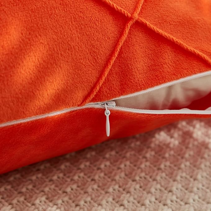 JAUXIO Diamond Pinch Pleated Crystal Velvet Pillowcases 2 Pack Solid Pintuck Throw Cushion Cover for Home Decor Hidden Zipper Closure (Bright Orange, Standard)