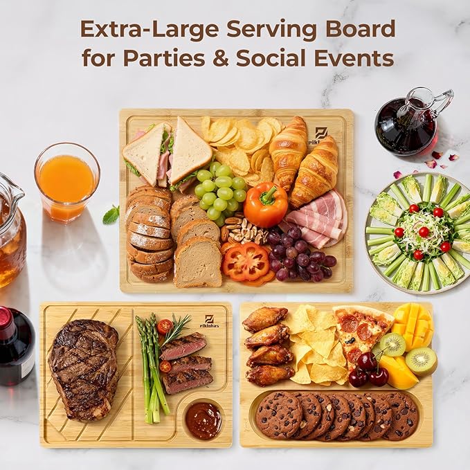 Large Bamboo Cutting Boards Set of 4 for Kitchen, Bamboo Charcuterie Chopping Board with Holder Non Slip, Steak Serving Tray with Juice Groove, Big Butcher Block for Cheese, Ideal for Gift