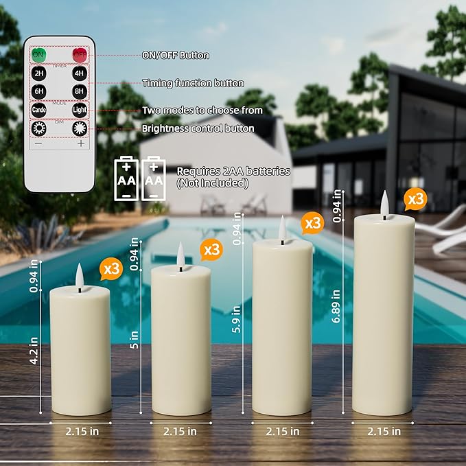 Outdoor Candles with Timer Waterproof: Set of 12 2.2''×4'' 5'' 6'' 7'' Flameless LED Pillar Candles with Remote Battery Candles Flicking Ivory for Fireplace Christmas Patio Wedding Centerpieces