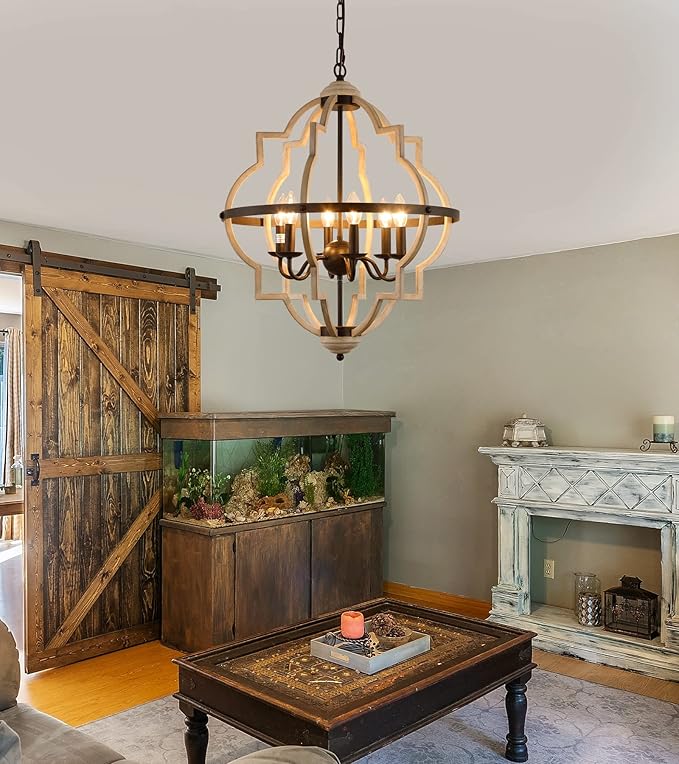 Q&S Rustic Antique Orb Chandelier Farmhouse Vintage 6-Lights Oak White Hanging Ceiling Light Fixtures for Foyer Dining Room Kitchen Living Room
