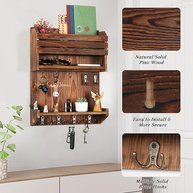 Key Holder, Wall Mounted Mail Organizer, Keys Holder on Wall with 9 Key Hooks, Umber