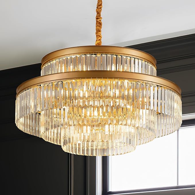 31.5" 18-Light Modern Crystal Chandelier Light Fixture Large 4-Tier Gold Luxury Glam Chandeliers for Dining Room Round Hanging Pendant Lighting for Living Room Kitchen Bedroom Foyer Lobby