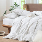 MooMee Striped Duvet Cover Set 100% Washed Cotton Linen Like Textured Breathable Durable Soft Comfy (White Heathered Green Wide Stripes, Super King 108"x98")