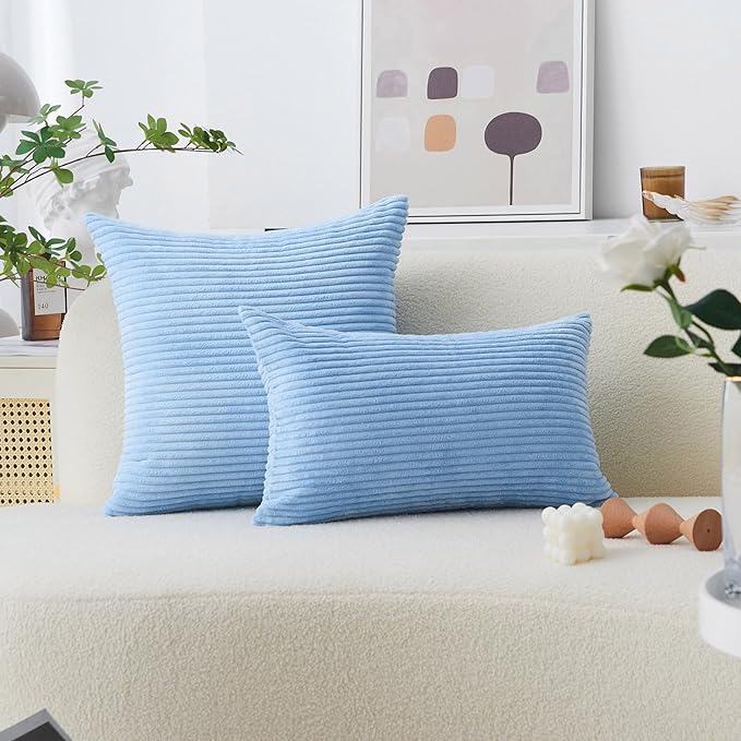 Home Brilliant Blue Throw Pillows Striped Velvet Corduroy Euro Sham Large Decorative Pillow Case Cushion Cover for Sofa, 24 x 24 inch, Baby Boy Blue