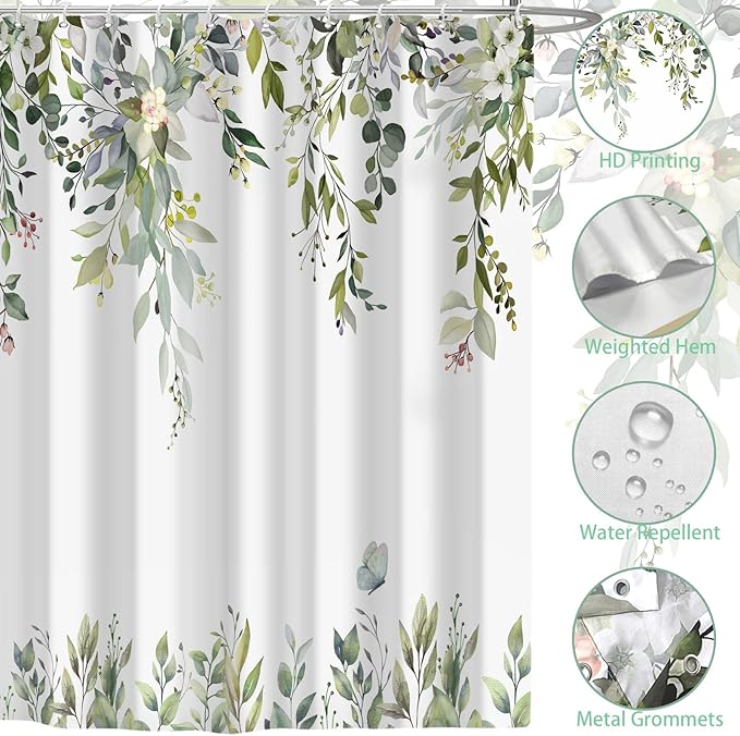 Eucalyptus Shower Curtain, Sage Green Watercolor Leaves with Floral Botanical Bathroom Decor, Waterproof Fabric Bath Curtain Set with Hooks, 72x72 Inches