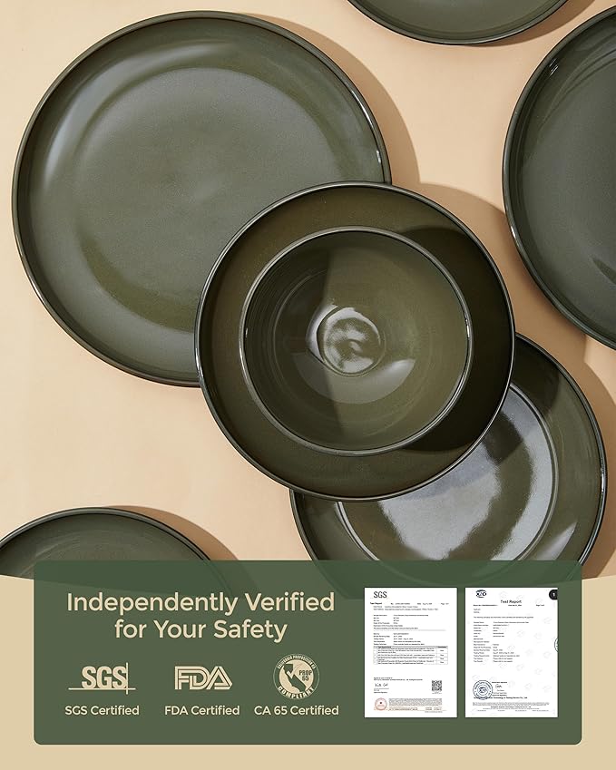 Ceramic Plate Set 10 Inch, Terracotta Dinner Plates of 6, Microwave Safe Plate, Large Serving Plates for for Salad Pasta Steak, Blackish Green