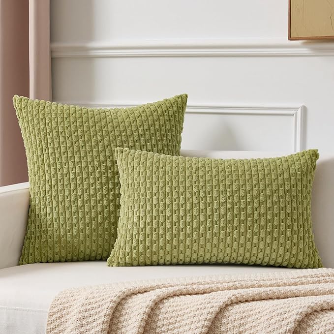 Kevin Textile Decorative Pillow Covers Set of 2 Striped Plush Corduroy Pillows Pillowcases Boho Home Decor Cushion Covers for Couch Sofa Bed Living Room 18x18 Inch, Grass Green