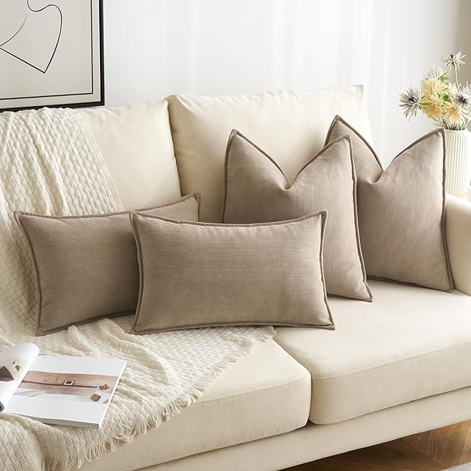 MIULEE Pack of 2 Khaki Decorative Pillow Covers 22x22 Inch Soft Chenille Luxurious Couch Throw Pillows Farmhouse Cushion Covers Euro Shams with Elegant Design for Sofa Bedroom Living Room Home Decor