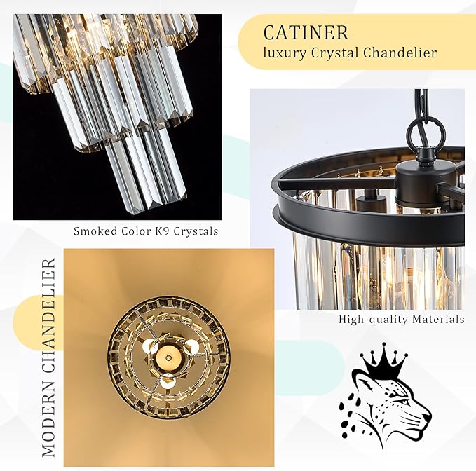 Black 3 Tiers Crystal Pendant Light, 3 Pack Mini Smoke Gray K9 Crystal Chandelier Modern Pendant Light Fixture for Kitchen Island Dining Room Hallway Bedroom Closet