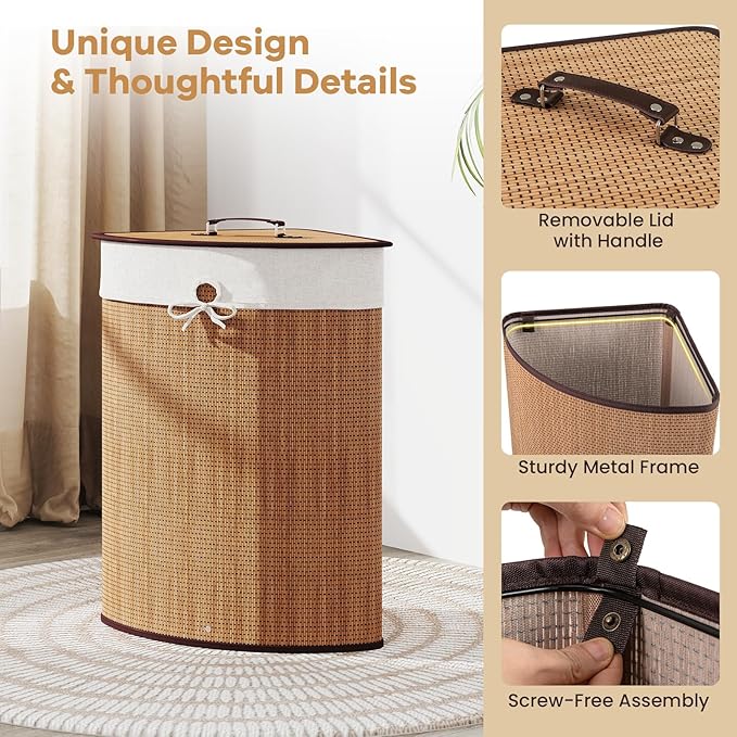 Giantex Corner Laundry Hamper with Lid, 58 L Bamboo Laundry Basket with Removable Liner & Handle, Triangle Clothes Hamper for Small Spaces, Bedroom, Bathroom, Laundry & Living Room (Bamboo)