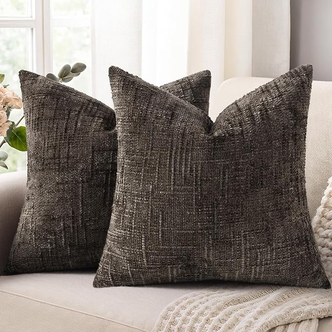 decorUhome Dark Brown Chenille Throw Pillow Covers 16x16 Set of 2 Thick Textured Slubby Couch Pillow Covers Farmhouse Accent Modern Neutral Decorative Pillow Cases for Bed Sofa Living Room