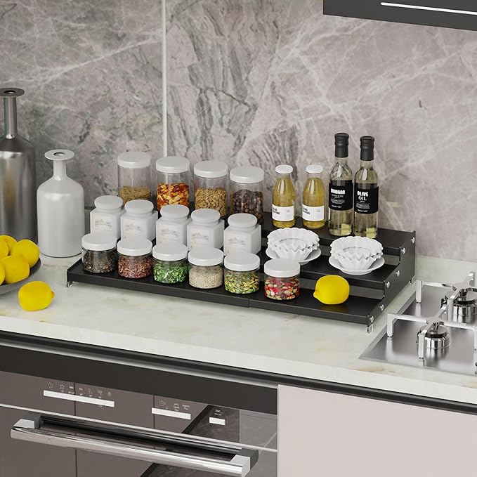 Expandable Spice Rack Storge organizer with 3-Tier step shelf for cabinet,seasoning racks organizion.Great for Kitchen countertop shelves,Pantry and more(2packs/Black)