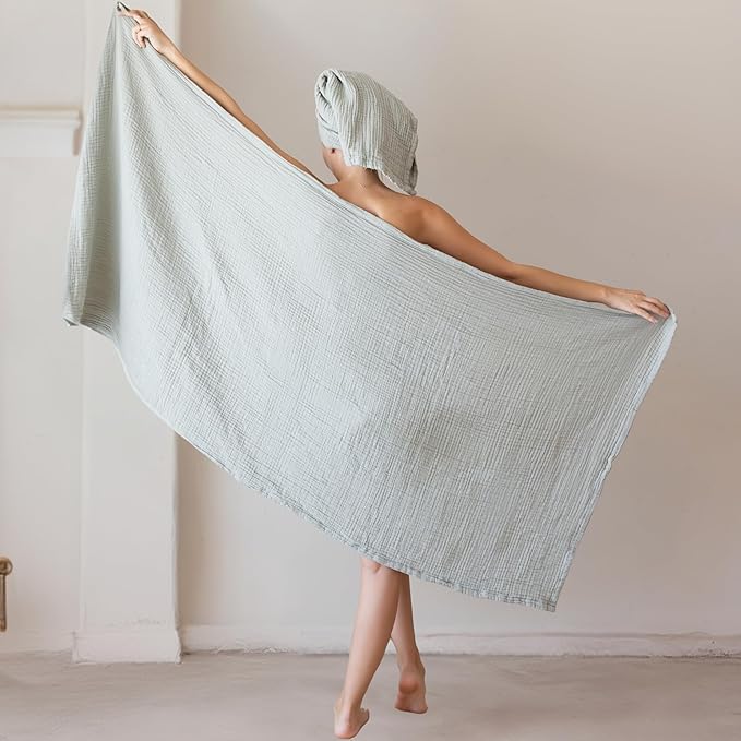 Ultra Soft Muslin Towel Adult Set, 100% Turkish Cotton 4-Layer 2 Pieces Luxury Muslin Hand & Bath Towels Sets for Bathroom (Sage Green, 1 Bath & 1 Hand Towel Set)