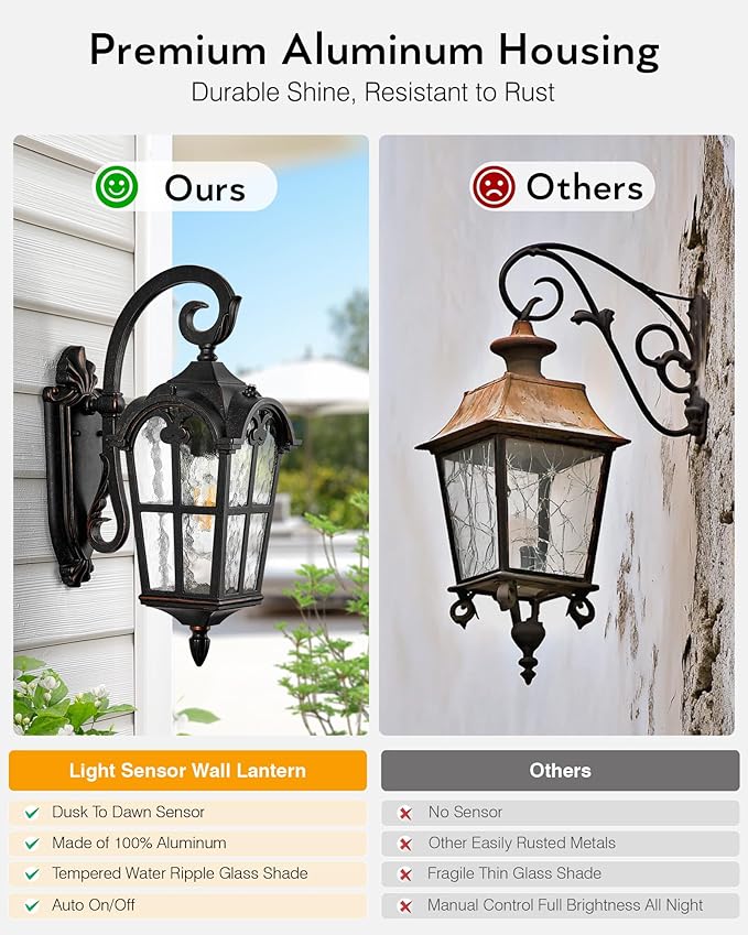VIANIS Exterior Lighting Fixtures, Large Size Oil Rubbed Bronze Outdoor Wall Lights Dusk to Dawn, Waterproof Outdoor Light Fixtures Wall Mount with Tempered Water Ripple Glass for Patio, Entryway