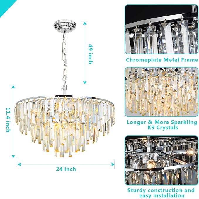 Chrome Modern Round Top K9 Crystal Chandelier Lighting Fixture, 8 Lights Round K9 Crystal Adjustable Hanging Lamp for Dining Room Bedroom Living Room,Hallway,Bar,Kitchen W24''