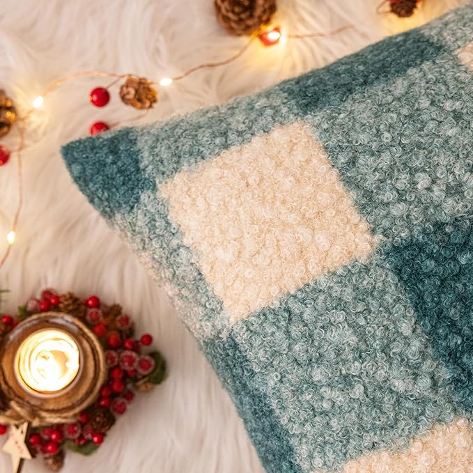 AQOTHES Green White Plaid Winter Throw Pillow Covers 12x20 Inch Set of 2, Boucle Faux Fur Pillow Covers,Cozy Fluffy Home Living Room Farmhouse Decor for Sofa Couch Bed
