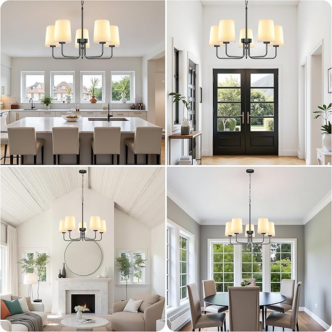 Farmhouse Chandelier, 5-Light Black Chandelier with White Fabric Shade, Height Adjustable Modern Dining Room Light Fixture with E26 Base for Bedroom Foyer Hallway Entryway Kitchen Living Room