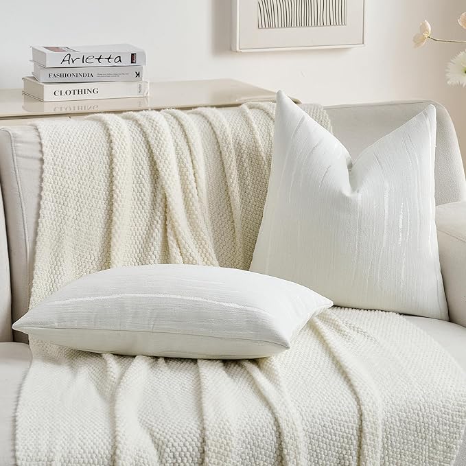 FUTEI White Chenille Decorative Throw Pillow Covers 16x16 Inch Set of 2,Soft Embossed Striped Textured Cushion Case,Modern Home Decor for Couch Bed Living Room