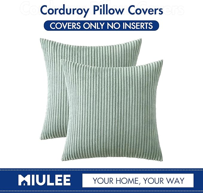 MIULEE Pack of 2 Corduroy Soft Soild Decorative Square Throw Pillow Covers Set Cushion Cases Pillowcases for Sofa Bedroom Couch 18 x 18 Inch Greyish Green
