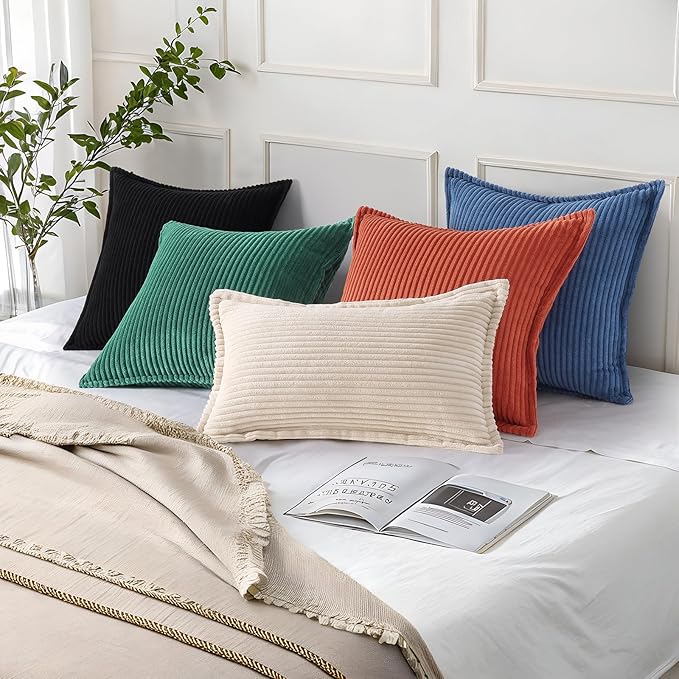Mecatny Corduroy Throw Pillow Covers 16x16 Set of 2, Neutral Decorative Soft Boho Couch Pillow Covers with Broadside for Sofa Living Room, Navy