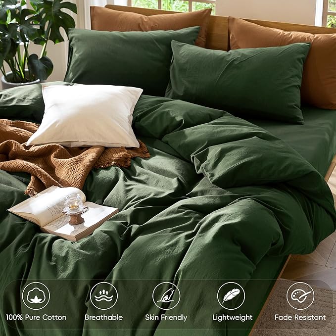 MooMee Bedding Duvet Cover Set 100% Washed Cotton Linen Like Textured Breathable Durable Soft Comfy (Solid Forest Green, Oversized King Plus 128"x120")